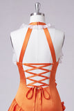 Orange Halter Neck Satin Bodycon Ruffled Lace Up Back Homecoming Dress with 3D Flowers