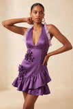 Orange Halter Neck Satin Bodycon Ruffled Lace Up Back Homecoming Dress with 3D Flowers