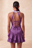 Orange Halter Neck Satin Bodycon Ruffled Lace Up Back Homecoming Dress with 3D Flowers