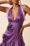 Orange Halter Neck Satin Bodycon Ruffled Lace Up Back Homecoming Dress with 3D Flowers