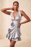 Orange Halter Neck Satin Bodycon Ruffled Lace Up Back Homecoming Dress with 3D Flowers