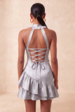 Orange Halter Neck Satin Bodycon Ruffled Lace Up Back Homecoming Dress with 3D Flowers