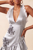 Orange Halter Neck Satin Bodycon Ruffled Lace Up Back Homecoming Dress with 3D Flowers