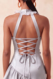 Orange Halter Neck Satin Bodycon Ruffled Lace Up Back Homecoming Dress with 3D Flowers