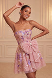 Sage Green Strapless A-Line Embroidered Pearl Lace Up Back Homecoming Dress with Bow