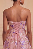 Sage Green Strapless A-Line Embroidered Pearl Lace Up Back Homecoming Dress with Bow