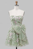 Sage Green Strapless A-Line Embroidered Pearl Lace Up Back Homecoming Dress with Bow