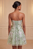Sage Green Strapless A-Line Embroidered Pearl Lace Up Back Homecoming Dress with Bow