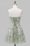 Sage Green Strapless A-Line Embroidered Pearl Lace Up Back Homecoming Dress with Bow