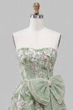 Sage Green Strapless A-Line Embroidered Pearl Lace Up Back Homecoming Dress with Bow