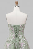 Sage Green Strapless A-Line Embroidered Pearl Lace Up Back Homecoming Dress with Bow