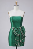 Satin Dark Green Strapless Bodycon Pearl Lace Up Back Homecoming Dress with Bow
