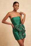 Satin Dark Green Strapless Bodycon Pearl Lace Up Back Homecoming Dress with Bow