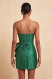 Satin Dark Green Strapless Bodycon Pearl Lace Up Back Homecoming Dress with Bow