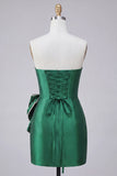 Satin Dark Green Strapless Bodycon Pearl Lace Up Back Homecoming Dress with Bow