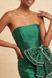 Satin Dark Green Strapless Bodycon Pearl Lace Up Back Homecoming Dress with Bow