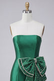 Satin Dark Green Strapless Bodycon Pearl Lace Up Back Homecoming Dress with Bow