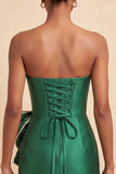 Satin Dark Green Strapless Bodycon Pearl Lace Up Back Homecoming Dress with Bow