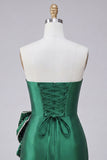 Satin Dark Green Strapless Bodycon Pearl Lace Up Back Homecoming Dress with Bow