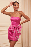 Satin Dark Green Strapless Bodycon Pearl Lace Up Back Homecoming Dress with Bow