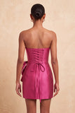 Satin Dark Green Strapless Bodycon Pearl Lace Up Back Homecoming Dress with Bow