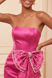 Satin Dark Green Strapless Bodycon Pearl Lace Up Back Homecoming Dress with Bow