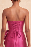 Satin Dark Green Strapless Bodycon Pearl Lace Up Back Homecoming Dress with Bow
