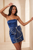 Satin Dark Green Strapless Bodycon Pearl Lace Up Back Homecoming Dress with Bow
