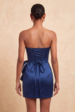 Satin Dark Green Strapless Bodycon Pearl Lace Up Back Homecoming Dress with Bow