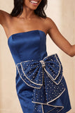 Satin Dark Green Strapless Bodycon Pearl Lace Up Back Homecoming Dress with Bow
