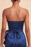 Satin Dark Green Strapless Bodycon Pearl Lace Up Back Homecoming Dress with Bow