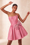 Navy Satin Strapless A-Line Pearl Corset Lace Up Back Homecoming Dress with Bow