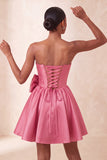 Navy Satin Strapless A-Line Pearl Corset Lace Up Back Homecoming Dress with Bow