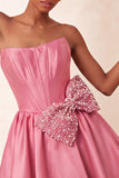 Navy Satin Strapless A-Line Pearl Corset Lace Up Back Homecoming Dress with Bow