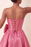 Navy Satin Strapless A-Line Pearl Corset Lace Up Back Homecoming Dress with Bow