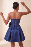 Navy Satin Strapless A-Line Pearl Corset Lace Up Back Homecoming Dress with Bow