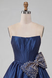 Navy Satin Strapless A-Line Pearl Corset Lace Up Back Homecoming Dress with Bow