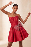 Navy Satin Strapless A-Line Pearl Corset Lace Up Back Homecoming Dress with Bow