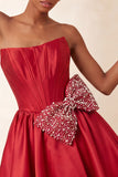 Navy Satin Strapless A-Line Pearl Corset Lace Up Back Homecoming Dress with Bow