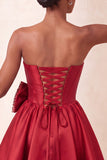 Navy Satin Strapless A-Line Pearl Corset Lace Up Back Homecoming Dress with Bow