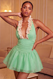 Yellow A-Line Halter Neck Ruffled Ruched Homecoming Dress with Lace Up Back