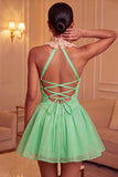 Yellow A-Line Halter Neck Ruffled Ruched Homecoming Dress with Lace Up Back