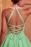 Yellow A-Line Halter Neck Ruffled Ruched Homecoming Dress with Lace Up Back