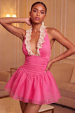 Yellow A-Line Halter Neck Ruffled Ruched Homecoming Dress with Lace Up Back