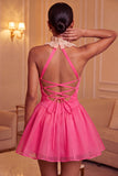 Yellow A-Line Halter Neck Ruffled Ruched Homecoming Dress with Lace Up Back
