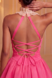 Yellow A-Line Halter Neck Ruffled Ruched Homecoming Dress with Lace Up Back
