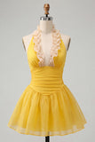 Yellow A-Line Halter Neck Ruffled Ruched Homecoming Dress with Lace Up Back