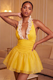 Yellow A-Line Halter Neck Ruffled Ruched Homecoming Dress with Lace Up Back
