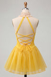 Yellow A-Line Halter Neck Ruffled Ruched Homecoming Dress with Lace Up Back