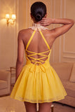 Yellow A-Line Halter Neck Ruffled Ruched Homecoming Dress with Lace Up Back